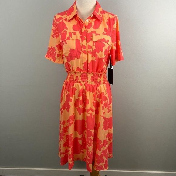 NWT HALOGEN X ATLANTIC-PACIFIC Orange Pink Floral‎ Smocked Utility Dress Coral - Picture 2 of 10
